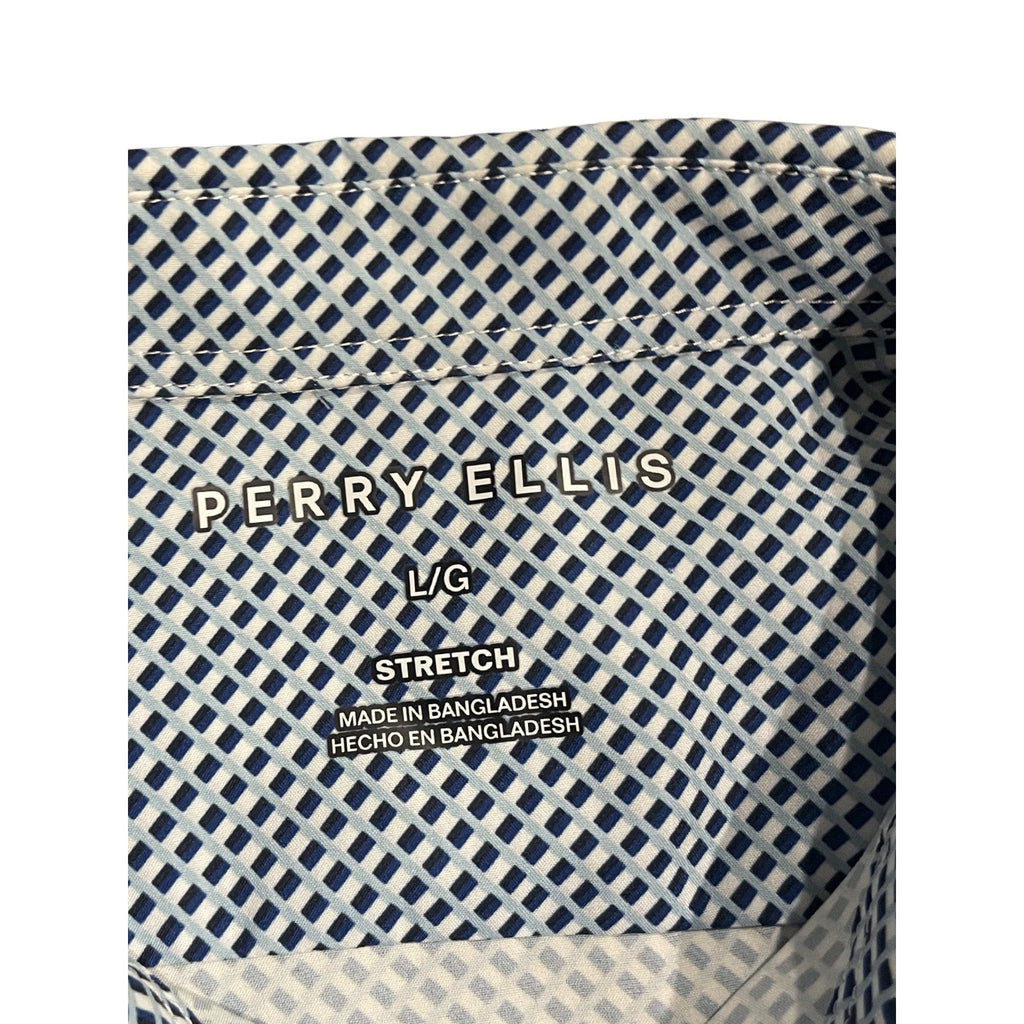 Perry Ellis Stretch Dress Long Sleeve Shirt Large Blue White Geometric Career