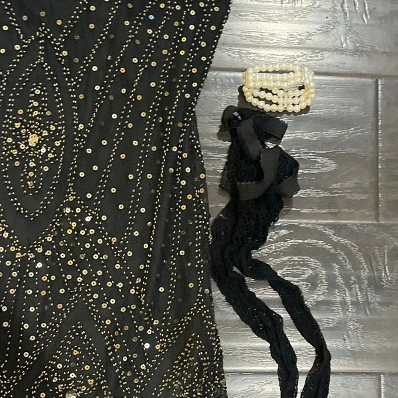 Roaring 1920s Flapper Dress Halloween Costume Gold Sequin Fringe Dress M Gaptsy