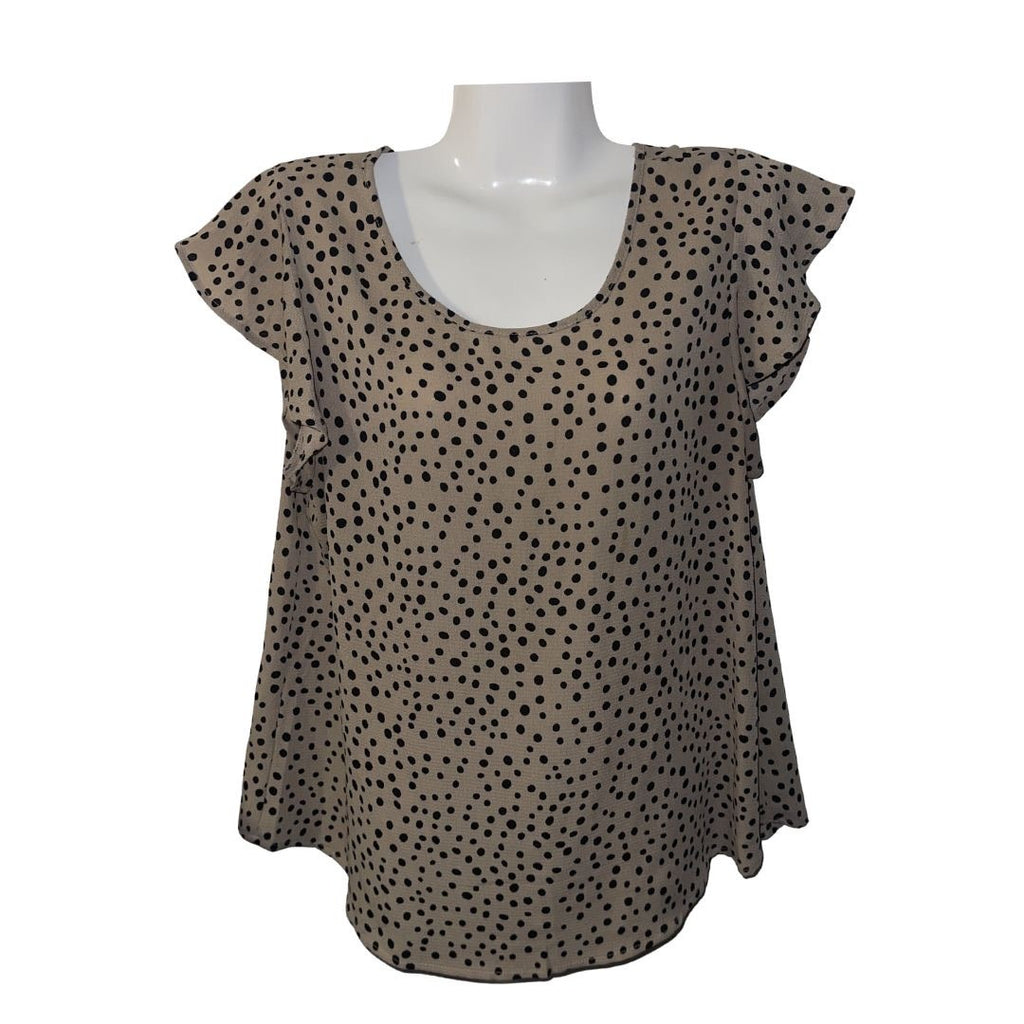 Papermoon Tan and Black Polka Dot Blouse Size Large Flutter Sleeves Chic Office