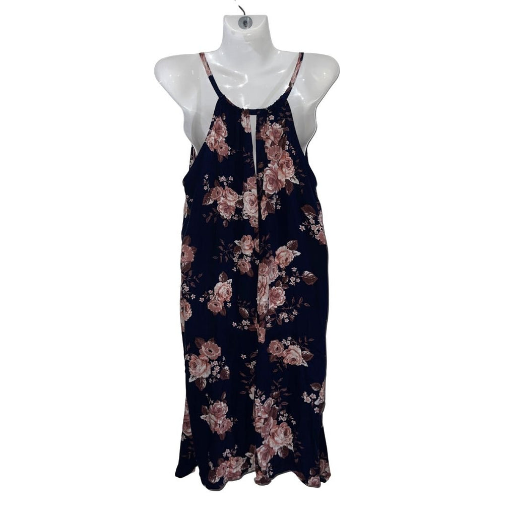 Maurices Navy Floral Halter Neck Mini Dress Size Xl Pockets Hanky Hemline Artsy