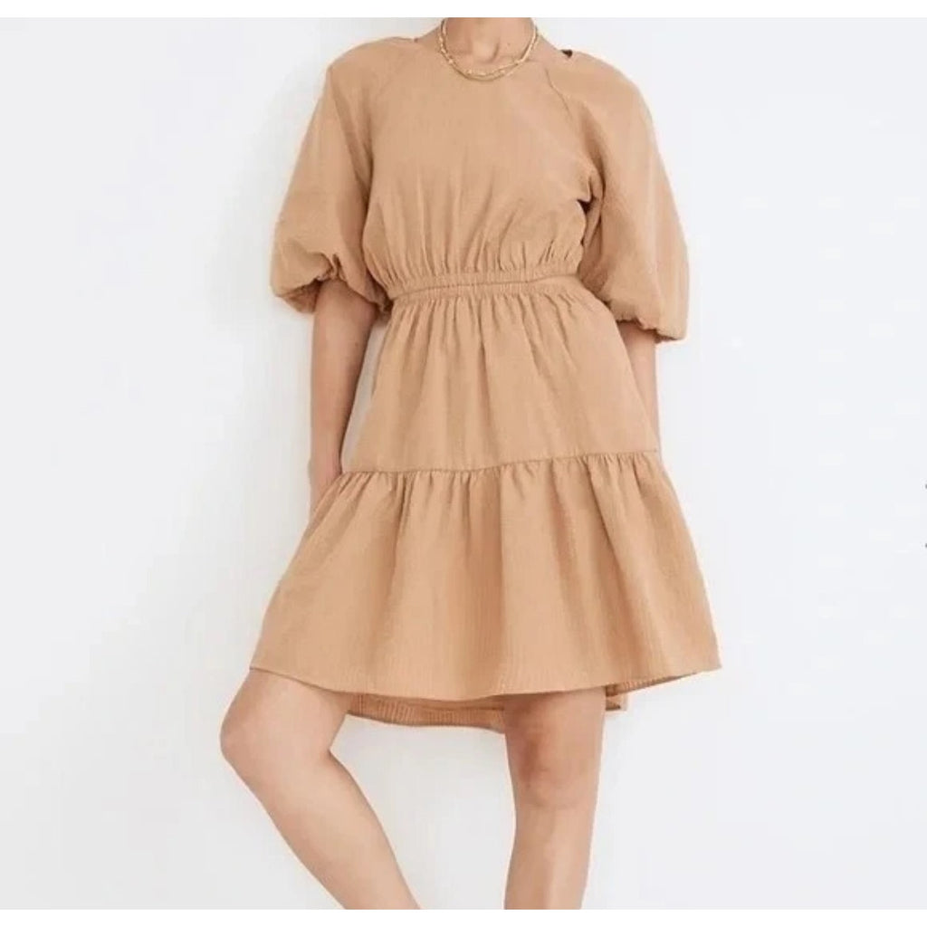 Madewell Seersucker Puff Sleeve Cutout Mini Dress Khaki Boho Size Small