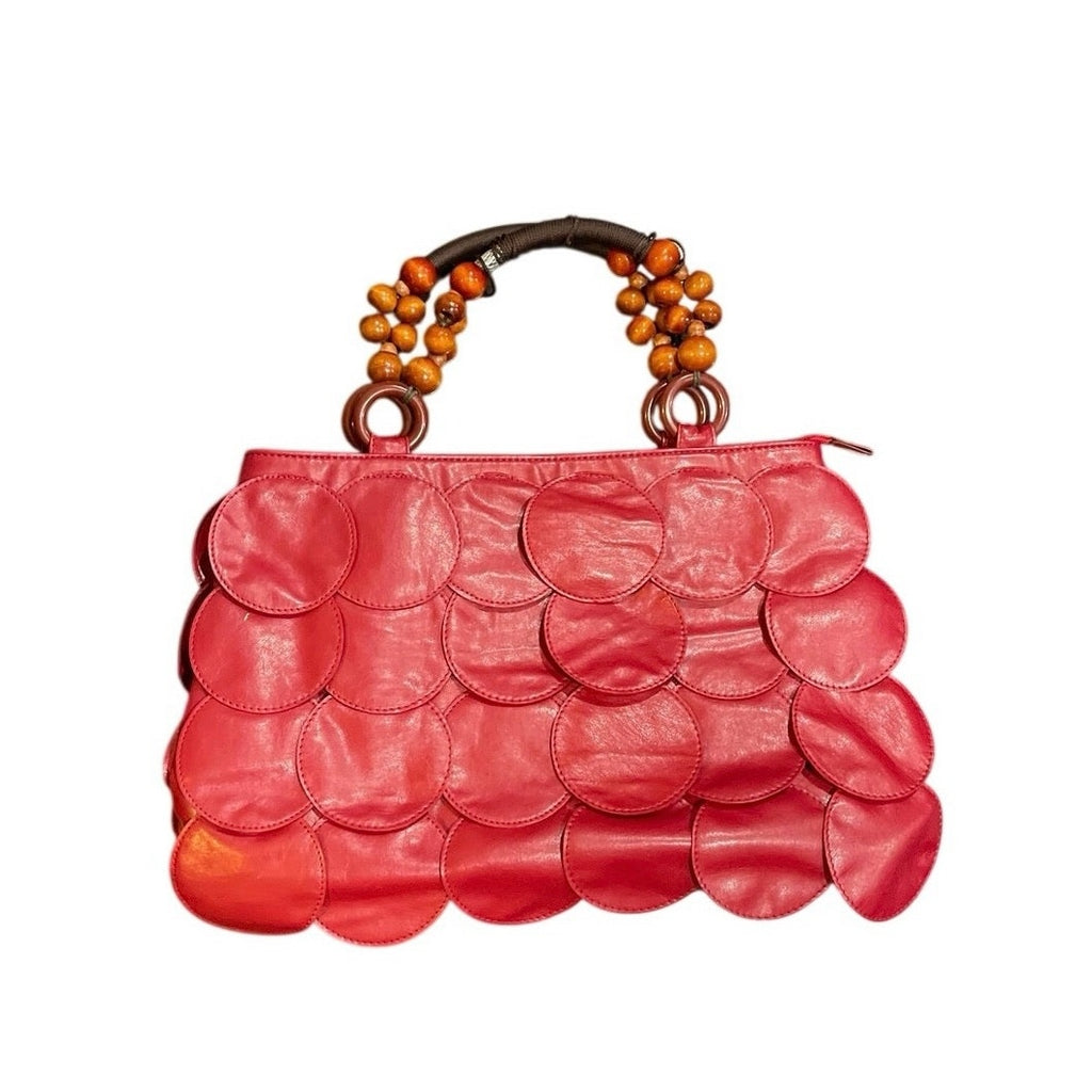 Stylish Red Faux Leather Vinyl Handbag Wooden Beaded Handle Boho Indie Arsty