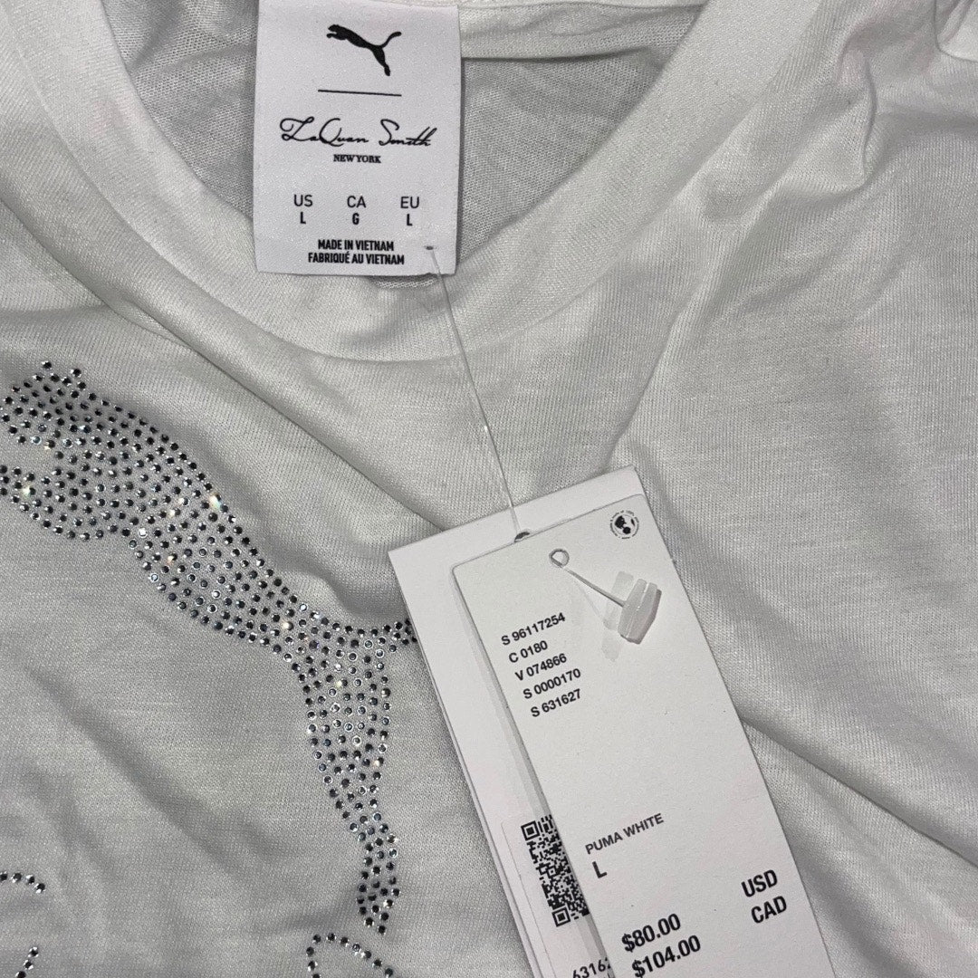 Puma Collaboration LaQuan Smith Women's Baby Tee White Size Large Rhinestone NWT