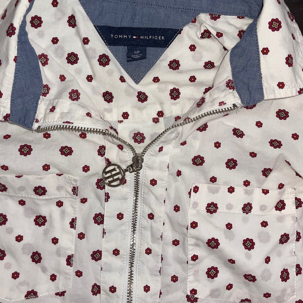 Tommy Hilfiger Long Sleeve 1/4 logo zip floral preppy academia size small
