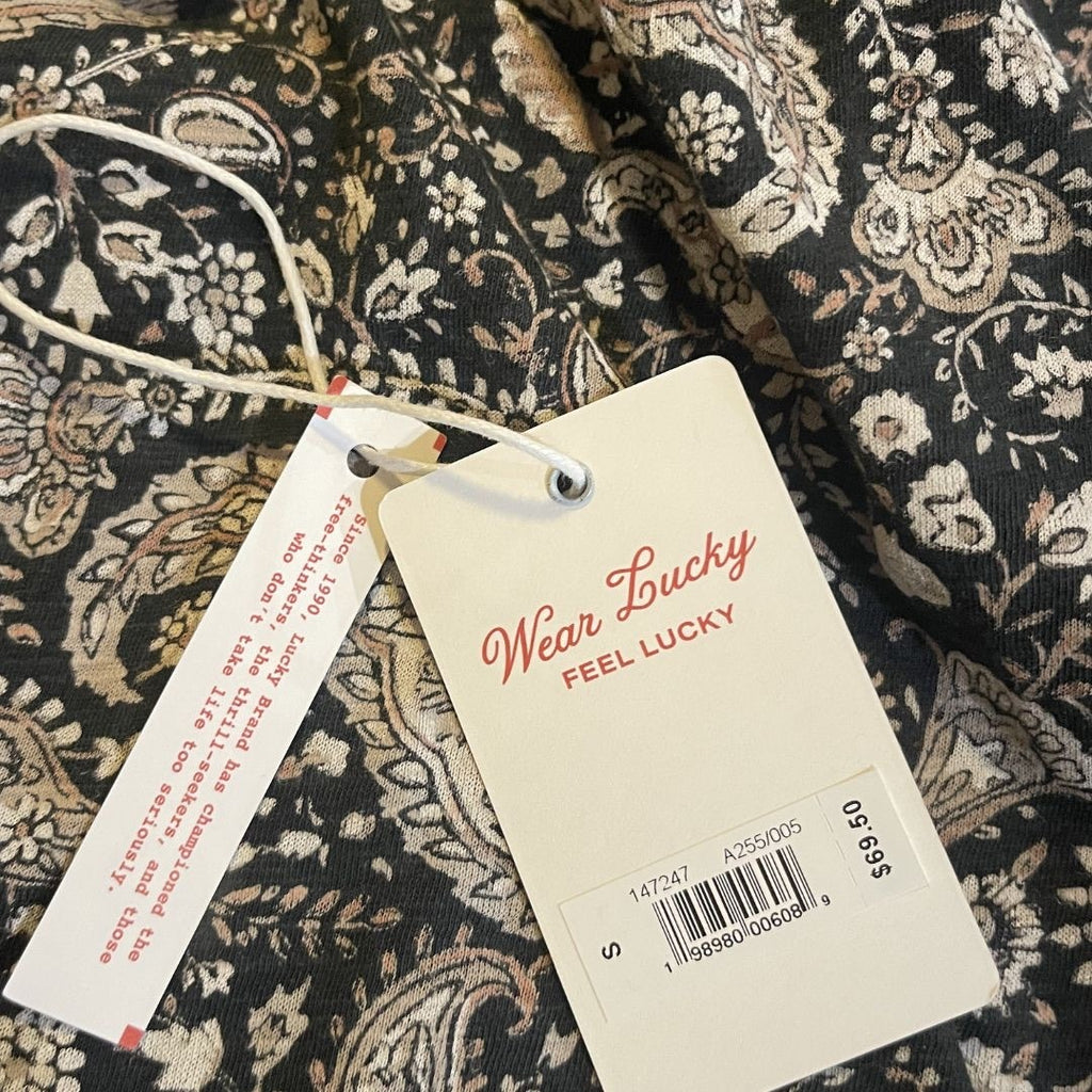 Lucky Brand Split SmokedNeck Peasant Blouse Balloon Sleeve Paisley Boho NWT