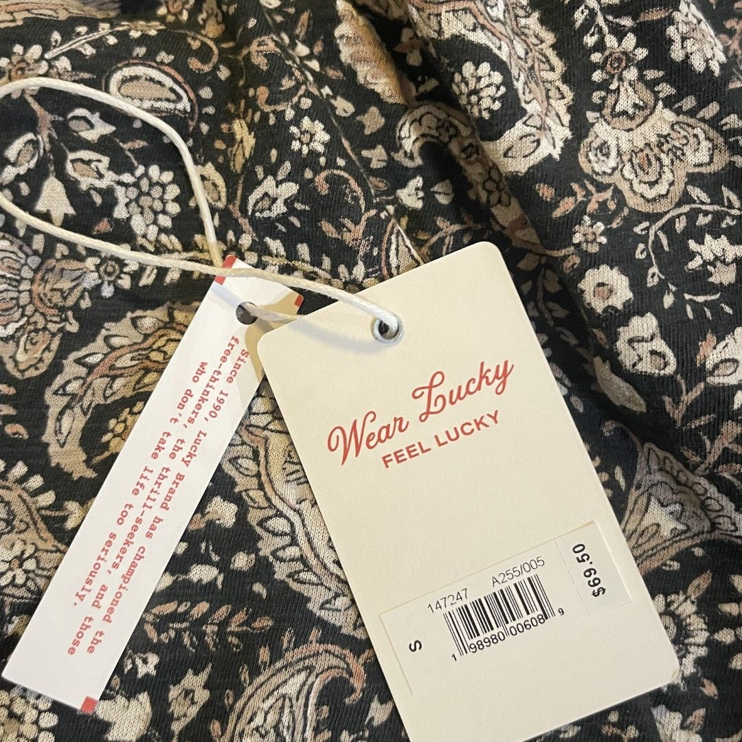 Lucky Brand Split SmokedNeck Peasant Blouse Balloon Sleeve Paisley Boho NWT