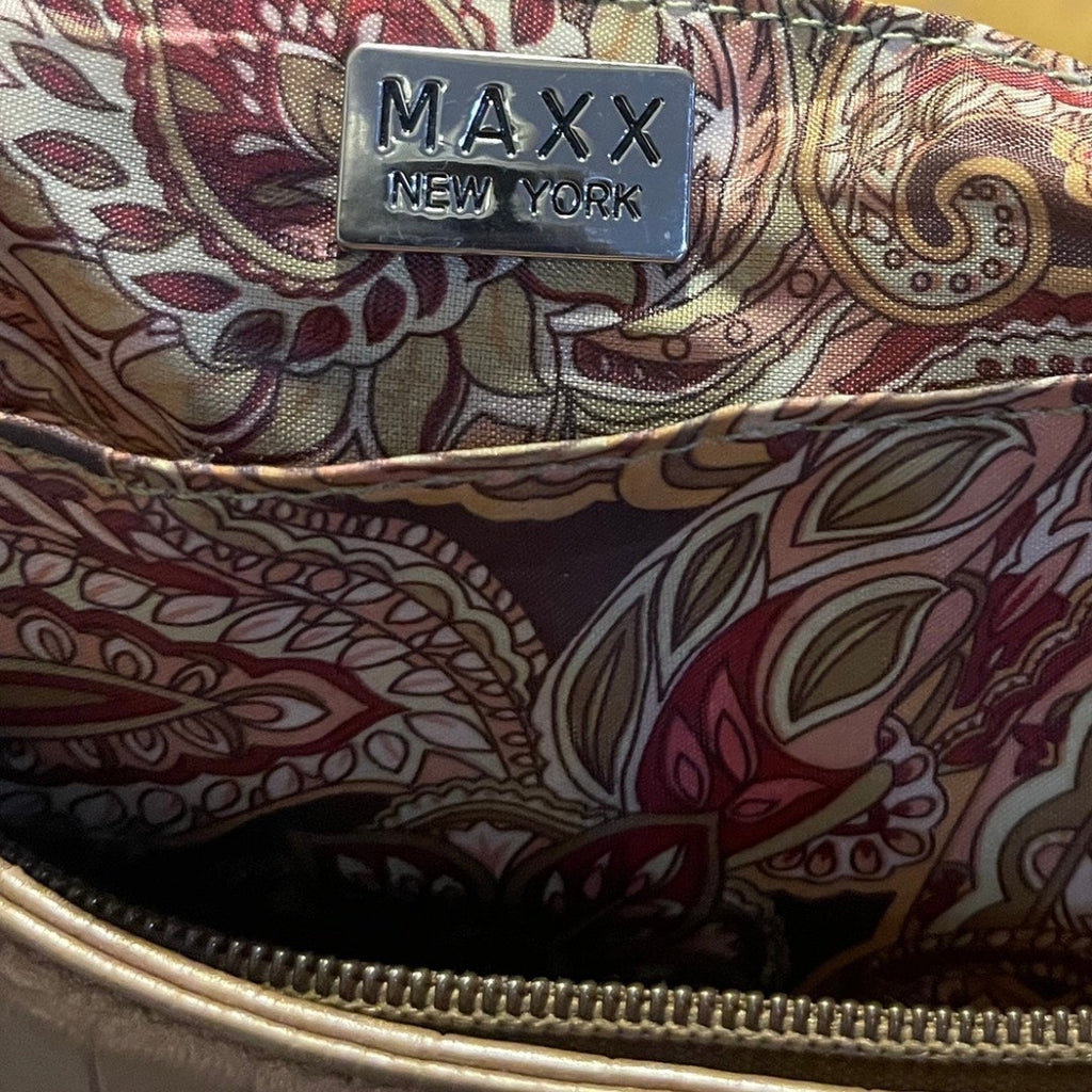 Maxx New York Gold Crocodile Embossed Print Leather Shoulder Bag Purse