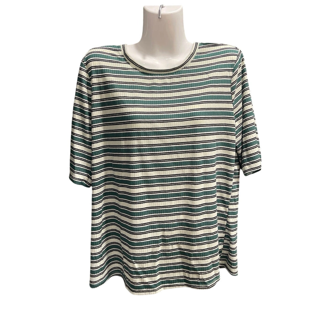 Nine West Soft Spun Striped Ribbed Elbow Sleeve Tee SZ L Casual Regular Fit 90s