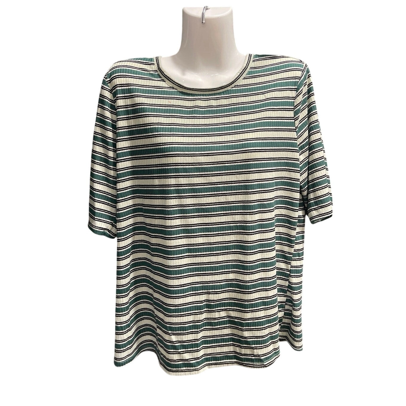 Nine West Soft Spun Striped Ribbed Elbow Sleeve Tee SZ L Casual Regular Fit 90s