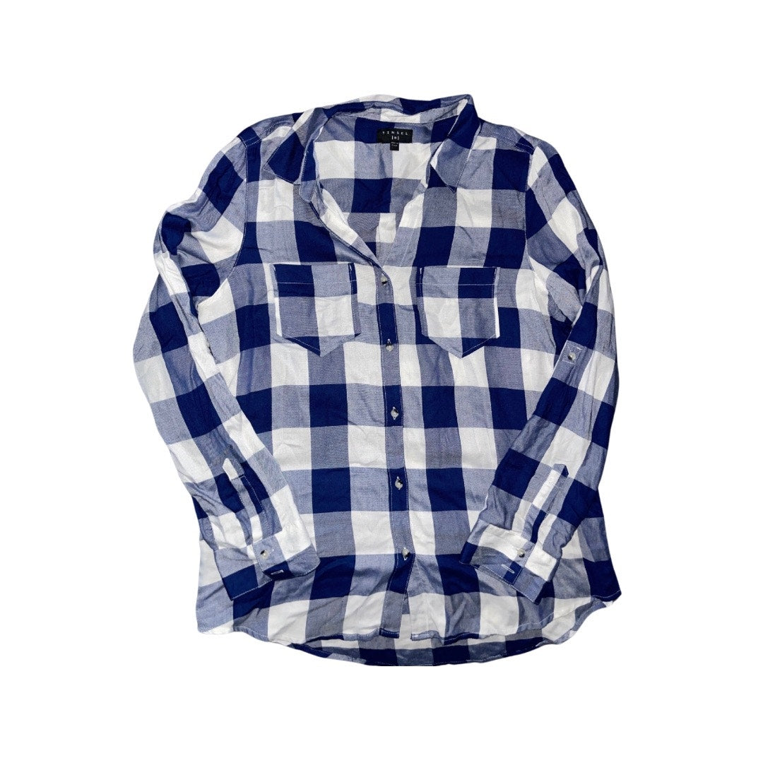 Tinsel Hattie Blue/white plaid flannel long-sleeve collar shirt Size Medium