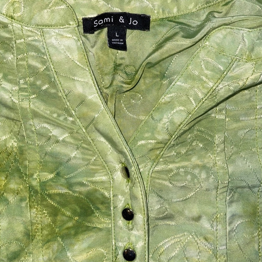 Sami & Jo Bright Green Short Sleeve Blouse Size Large Artsy Boho