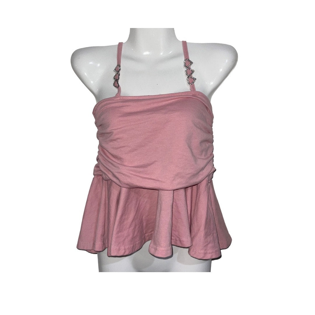 Shein Ruched Peplum Cami Top Rhinestones Straps Small Y2K Girly Flirty Romantic