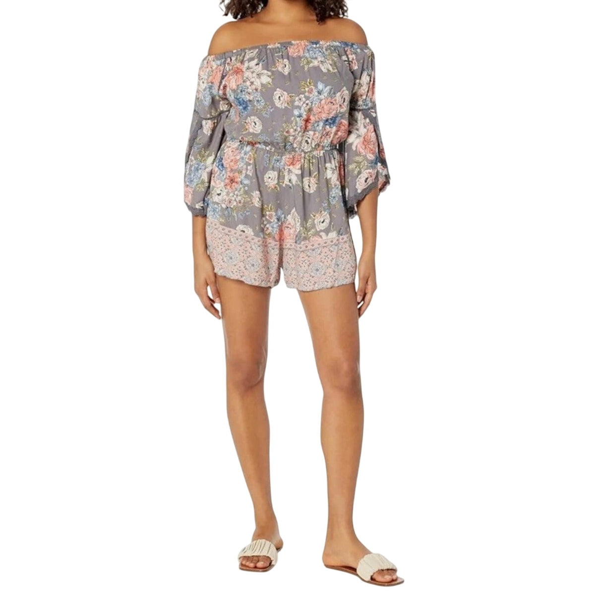 Angie Off Shoulder Floral Paisley Lace Trim Romper SZ L Boho Festival Flirty