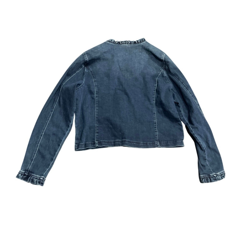 Draper James Collarless Neckline Button Front Ruffle Denim Jacket SZ XXL Chic
