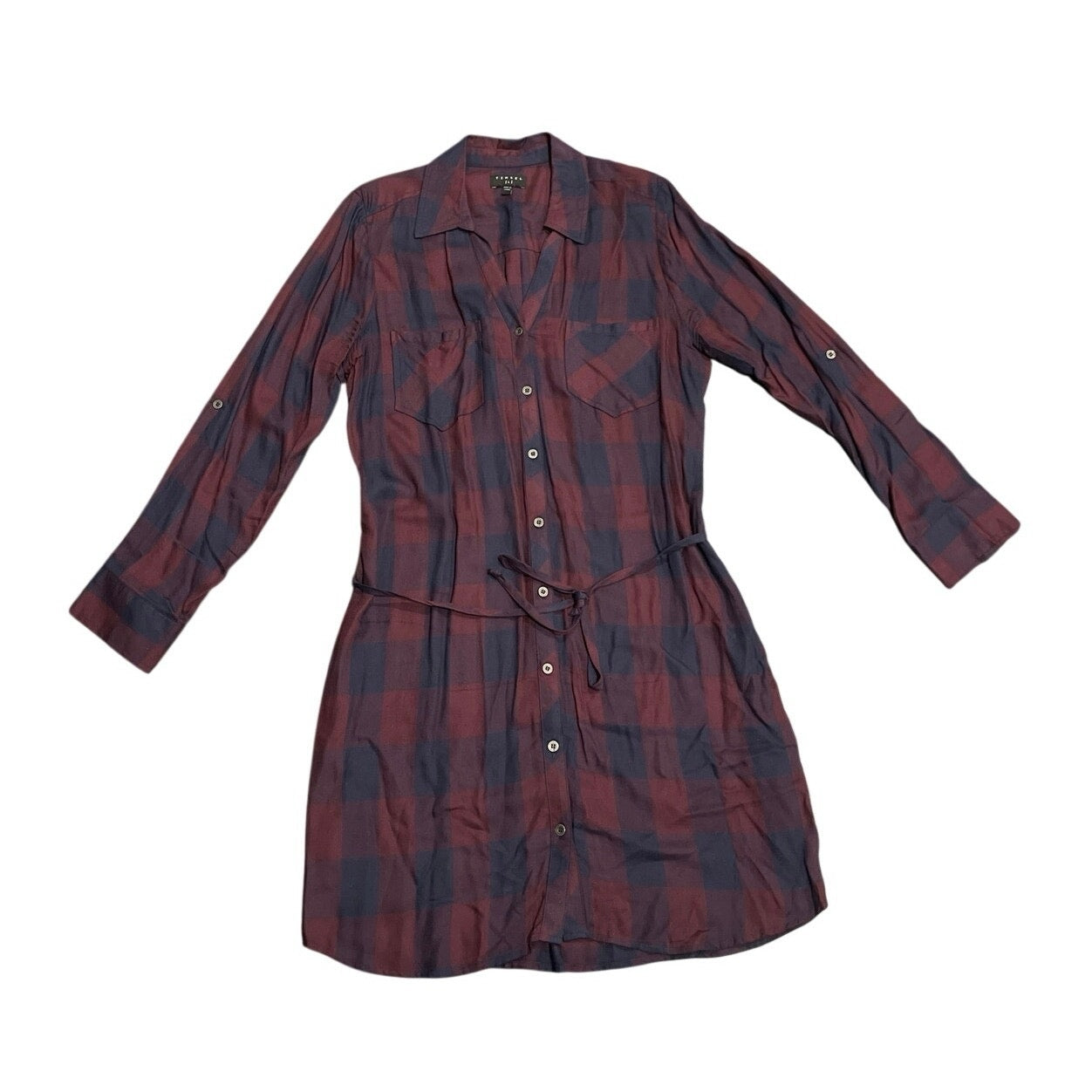 Tinsel Flannel Long Sleeve Button Up Tie Waist Shirt Dress Large Career Classic