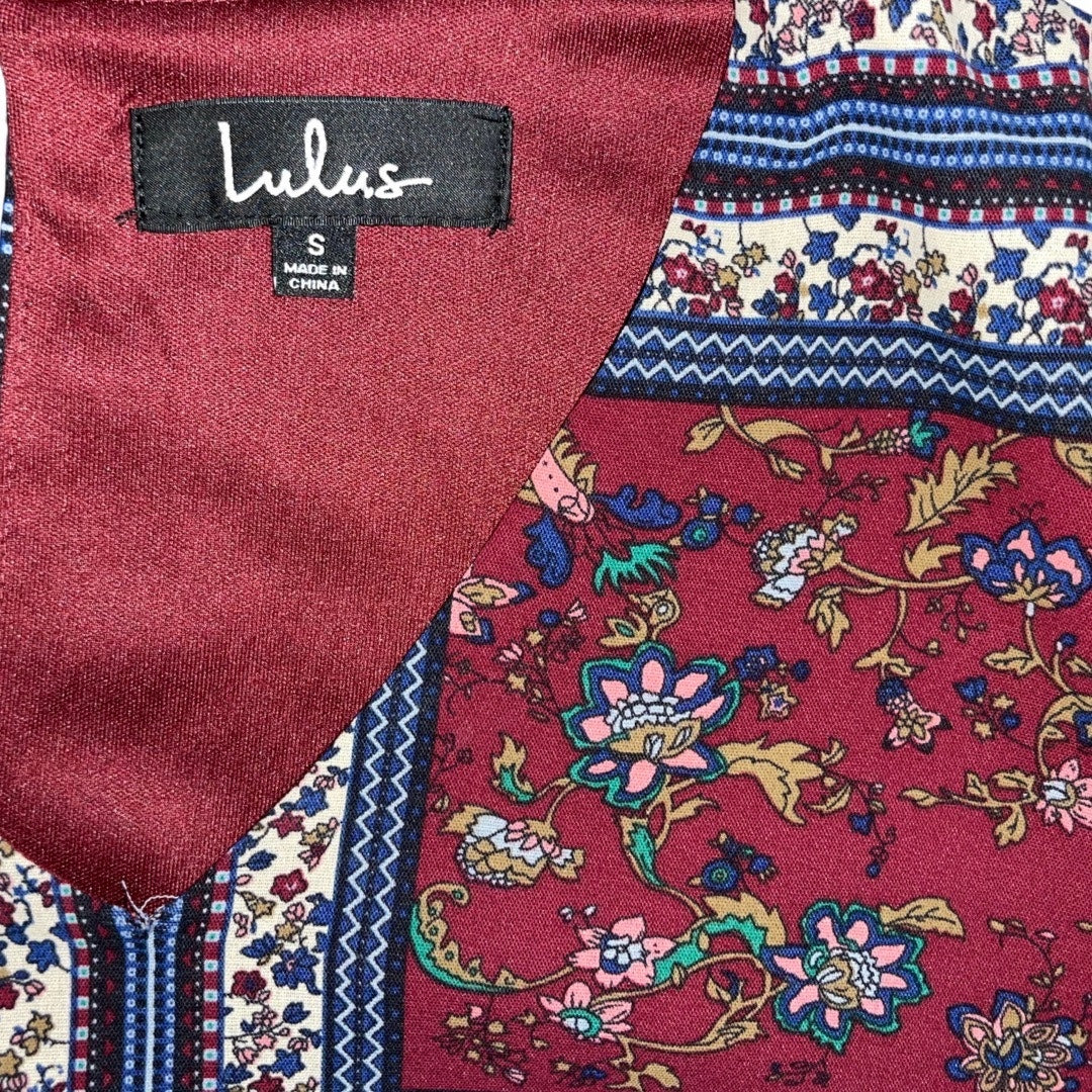 Lulus Cream & Plum Multi Print Patchwork Long Sleeve Shift Dress Boho Festival Size Small