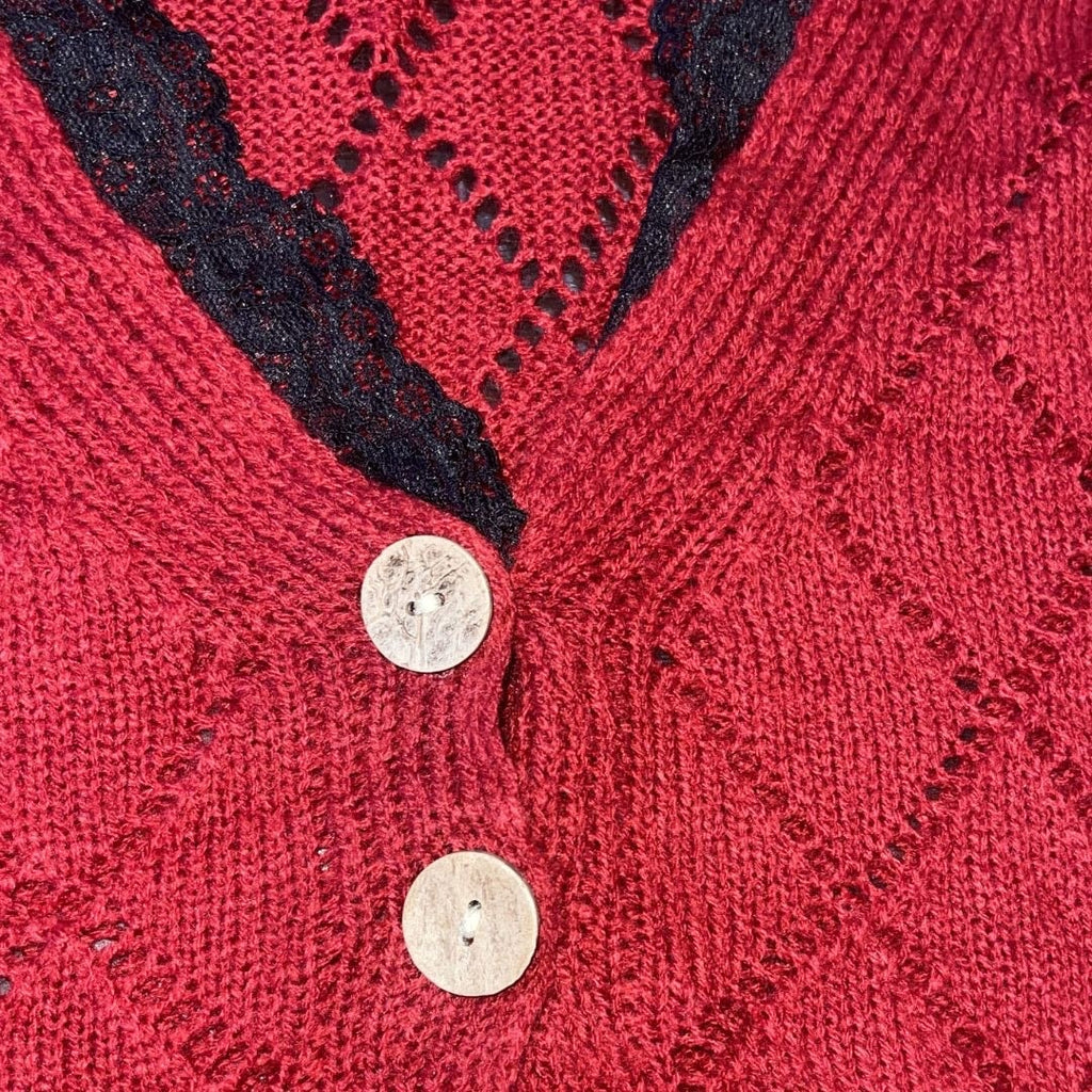 Shein Red Peplum Lace Trim Sweater Top Button Plus Size 1XL Preppy Academia Chic