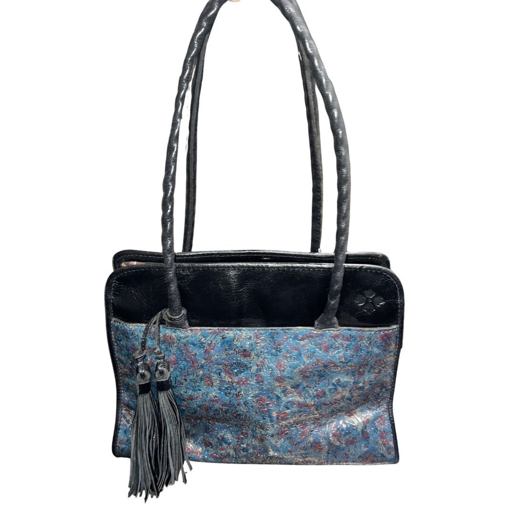 Patricia Nash Leather Shoulder Bag Metallic Blue Kimono Tapestry Tassel Artsy