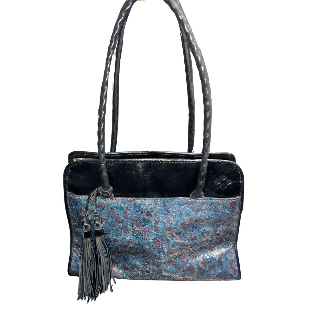 Patricia Nash Leather Shoulder Bag Metallic Blue Kimono Tapestry Tassel Artsy