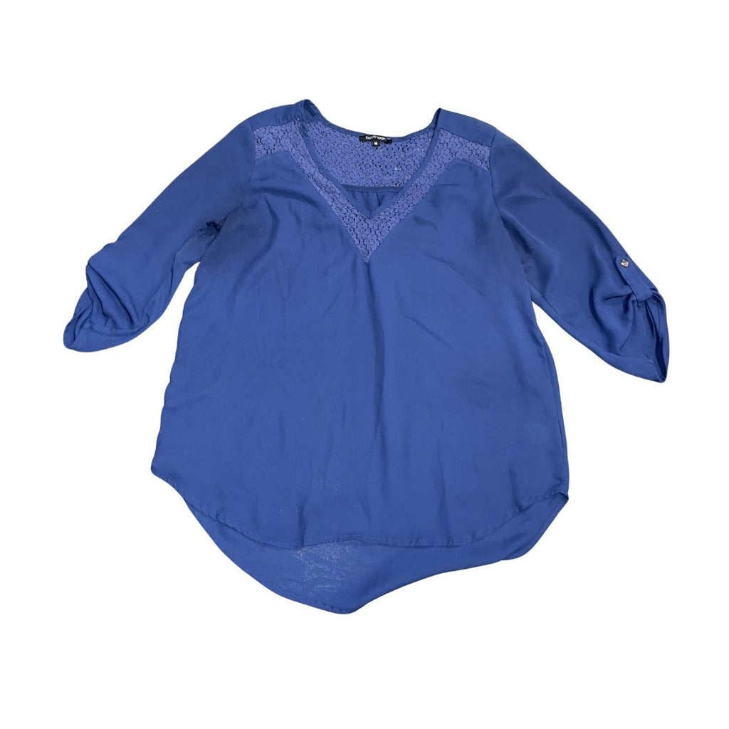Papermoon Navy Blue Chiffon Lace Trim V-Neck Blouse Size Medium Career Office
