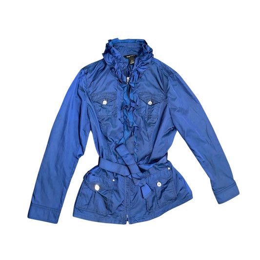 White House Black Market Belted Blue Nylon Ruffle Jacket coat Zip up Size XS