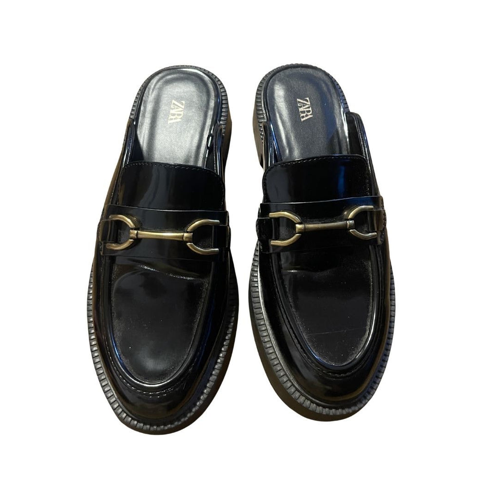 Zara Patent Leather Loafers Slides Mules Chunky Platform Casual Preppy Academia
