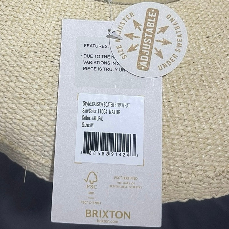 Brixton Cassidy Boater Straw Hat Natural Beige NWT SZ 7 1/2 (58CM) Adjustable