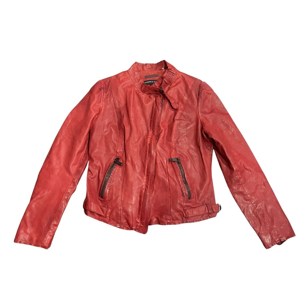 Andrew Marc Women Red Leather Fitted Moto Jacket Size XL Biker Vintage Aviator