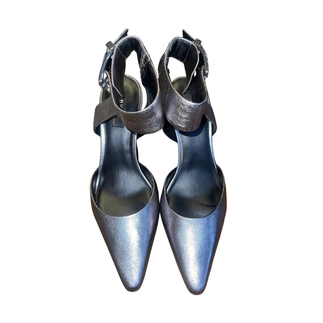 DKNY Belka Pointed Toe Pump Metallic Pewter Size 8 Ankle Strap 3.5 Stiletto Heel