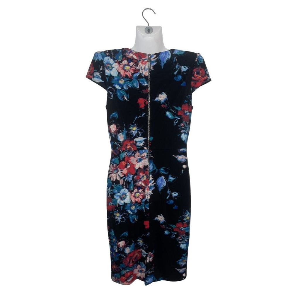 Betsy Johnson Black Floral Sheath Midi Dress Cap Sleeves Size 6 Pinup Retro Chic