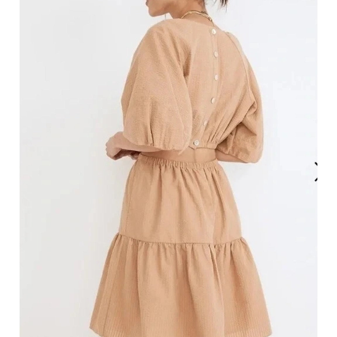 Madewell Seersucker Puff Sleeve Cutout Mini Dress Khaki Boho Size Small