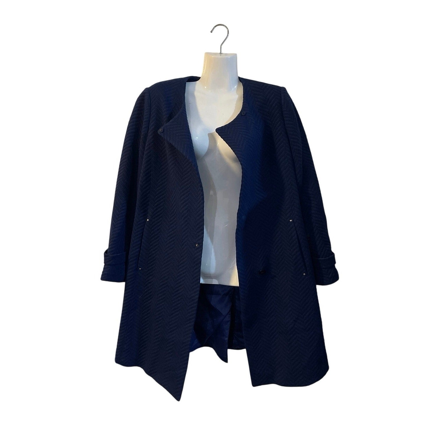 Celeb Kim Young Joo Navy Blue Herringbone Collarless Coat SZ 10 Korean Designer