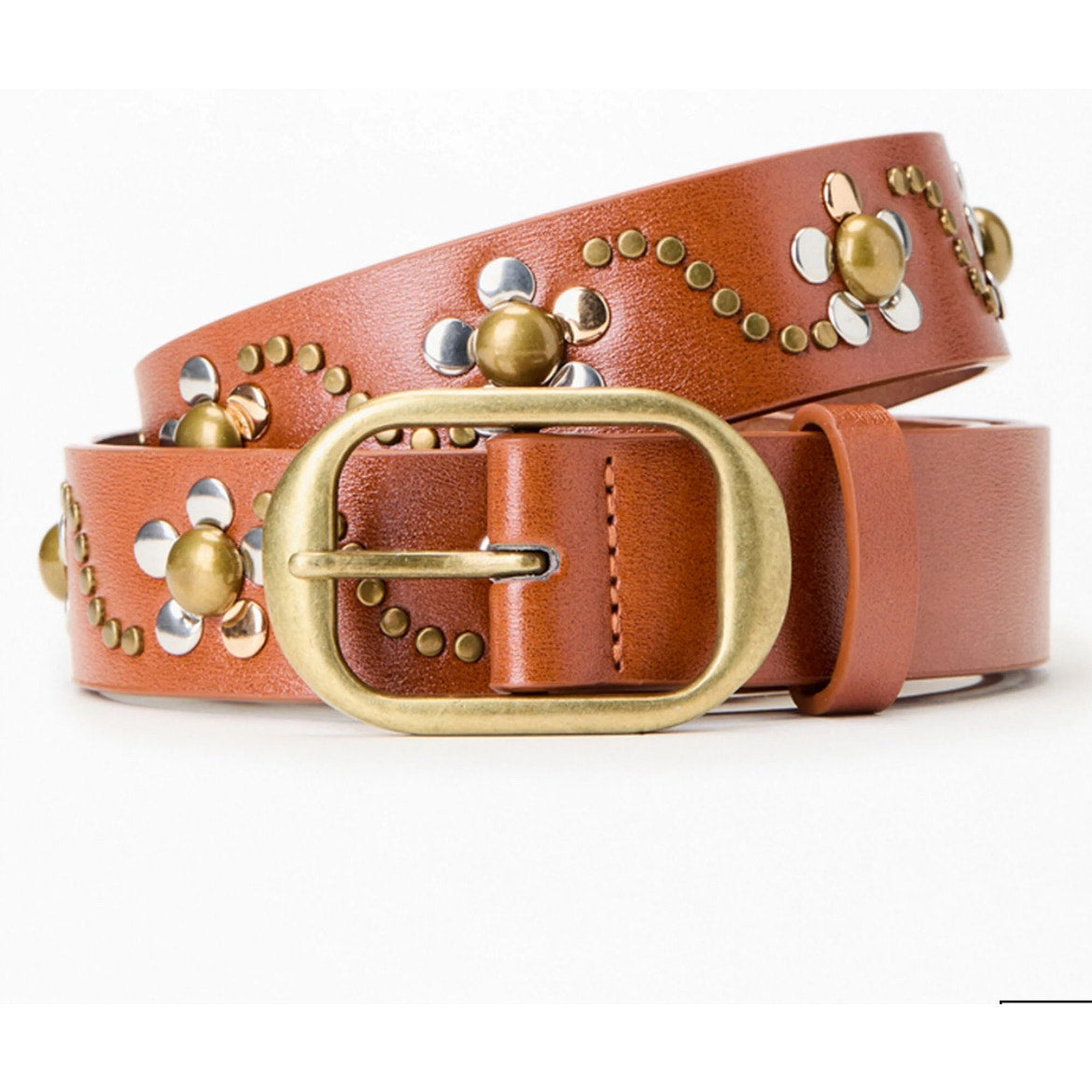 PacSun LA Hearts Studded Flower Belt Size S/M Tan Faux Leather Boho Retro NWOT