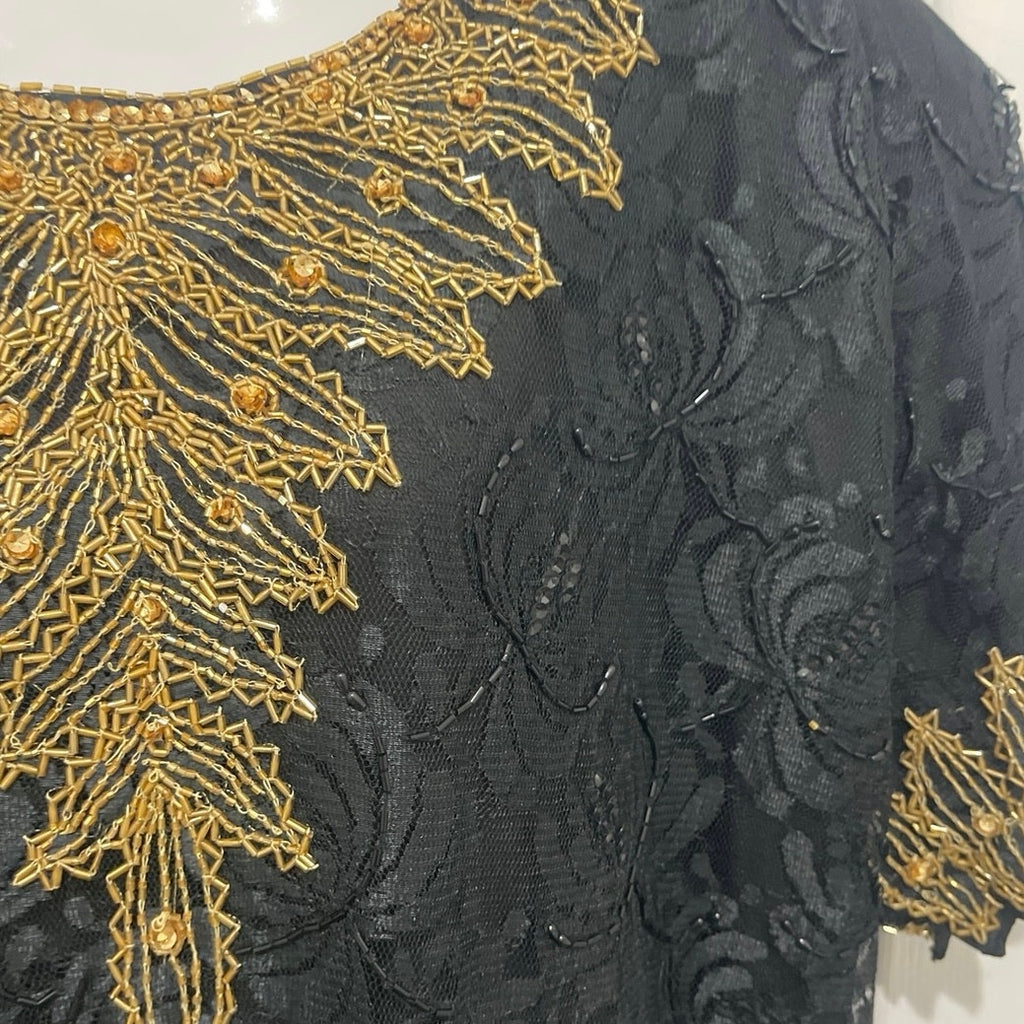 Channa Black Gold Beaded Lace Dress SX 3X VTG 80s 90s Cocktail Evening Wear NWT