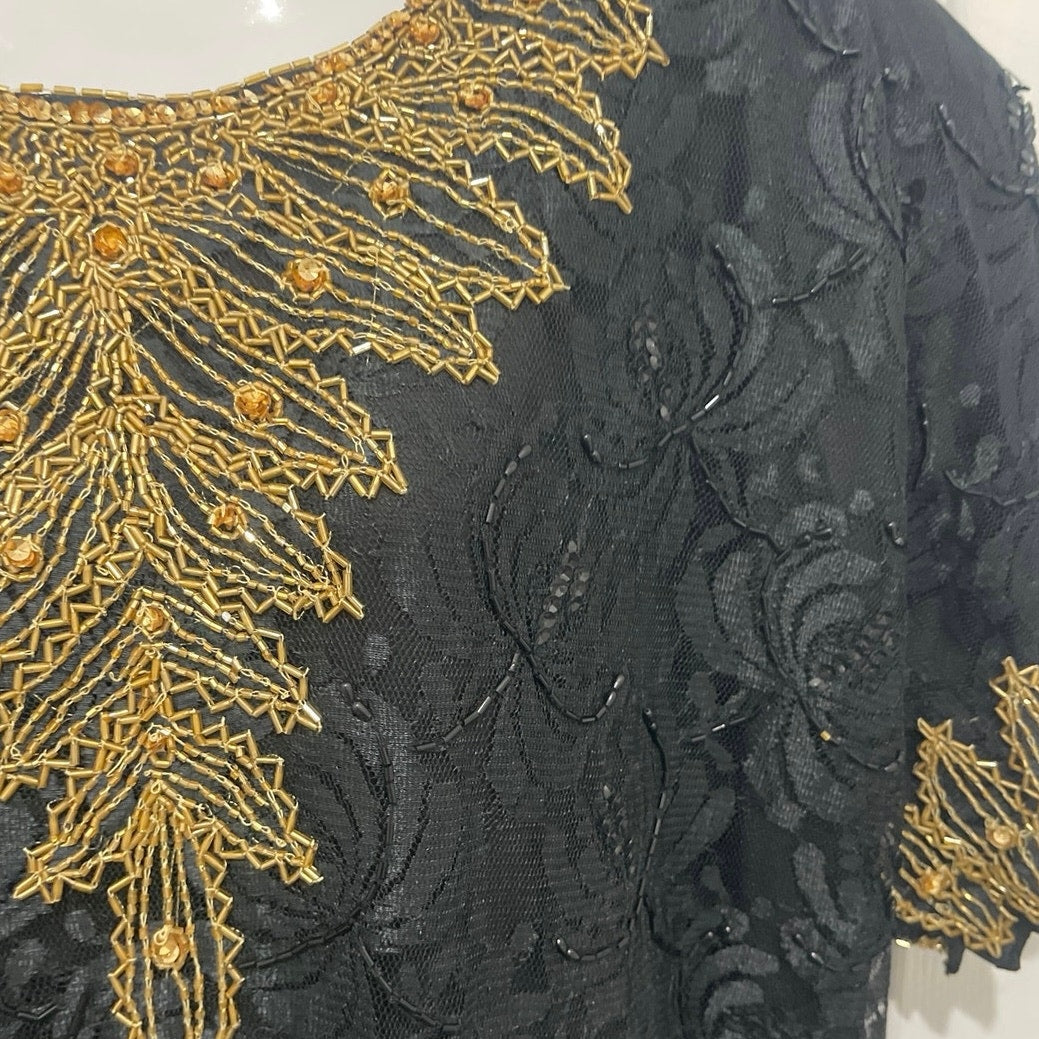 Channa Black Gold Beaded Lace Dress SX 3X VTG 80s 90s Cocktail Evening Wear NWT