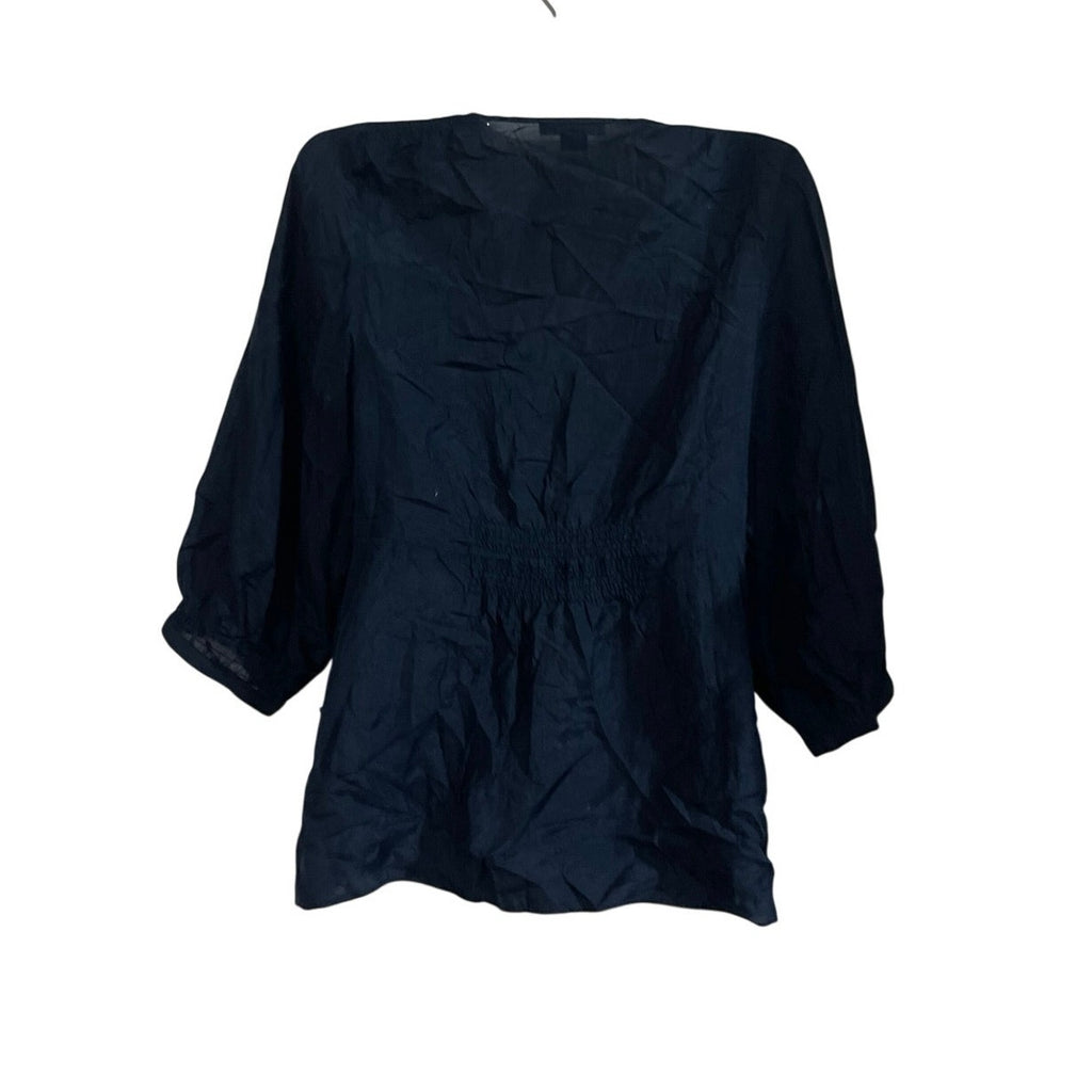 Vince Navy Blue Silk Popover Blouse SZ S 3/4 Sleeves Pockets Quiet Luxury