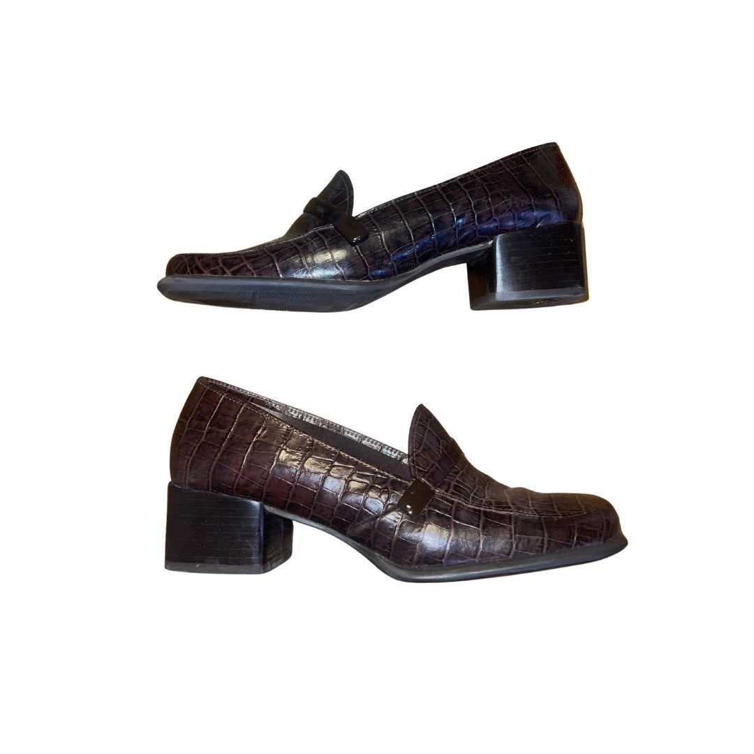 Bandolino Brown Croc Chunky Heel Leather Loafer Size 6 Slip on Preppy Academia