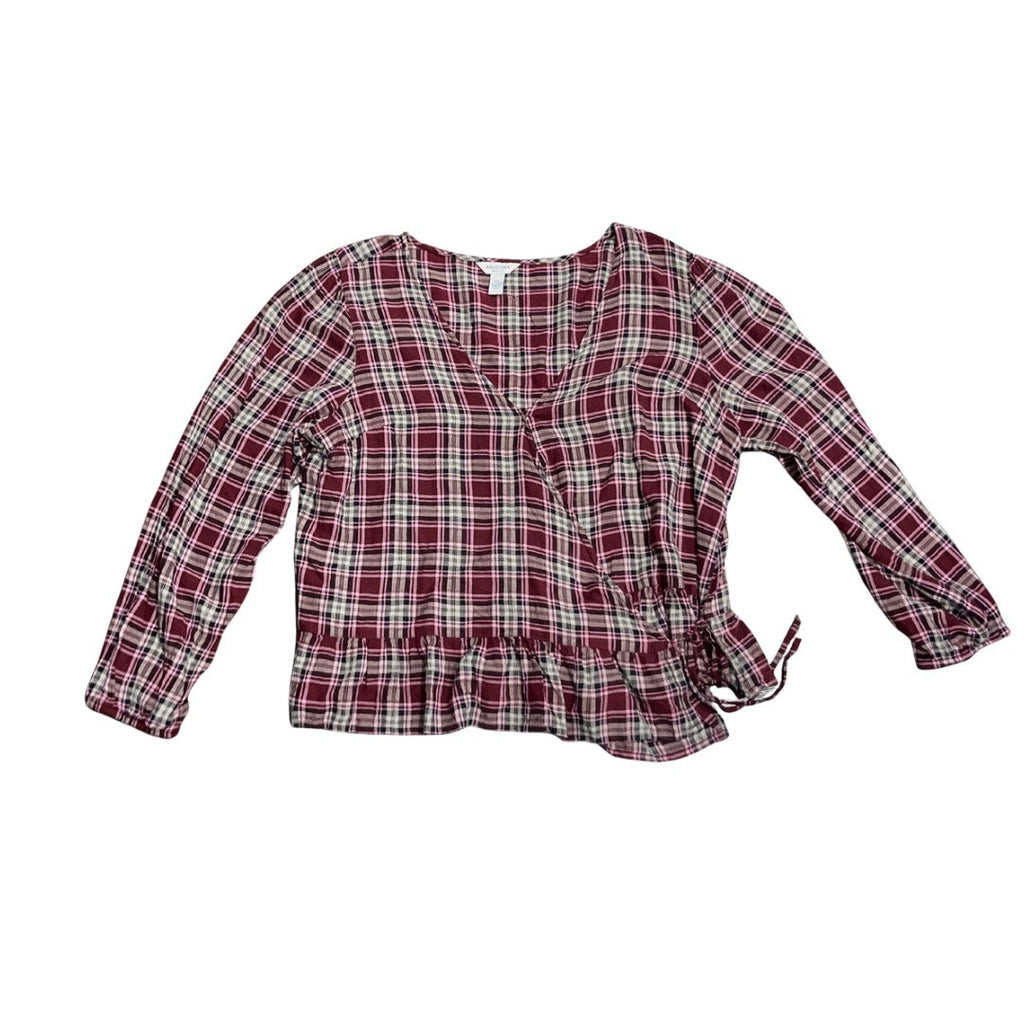 Arizona Jean Co. Long Sleeve Plaid Wrap Blouse 2XL Peplum Hem Western Cowgirl