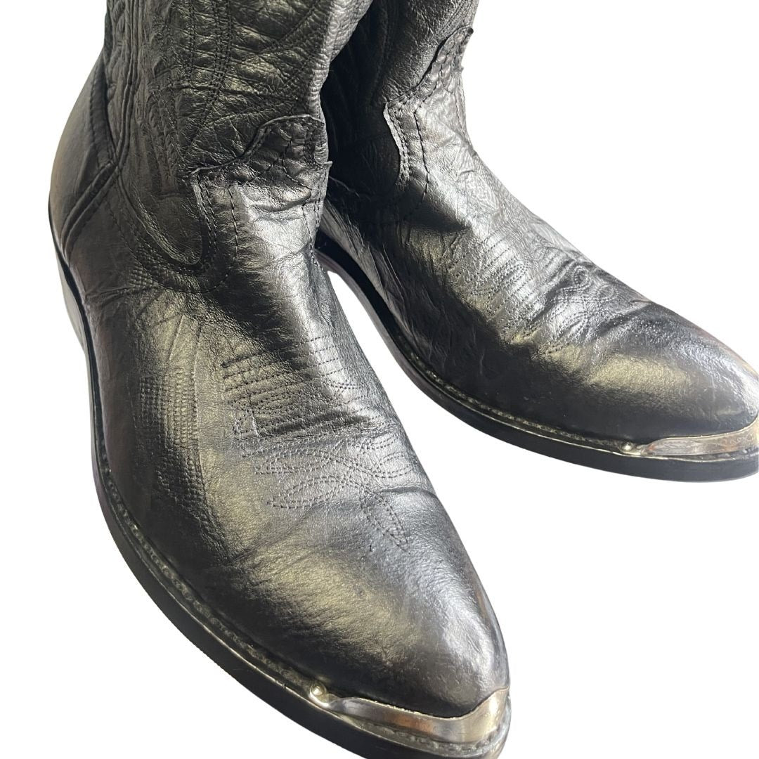 Laredo Black Leather Cowboy Boots Metal Toe Tip Size 9 Western Chic Rodeo