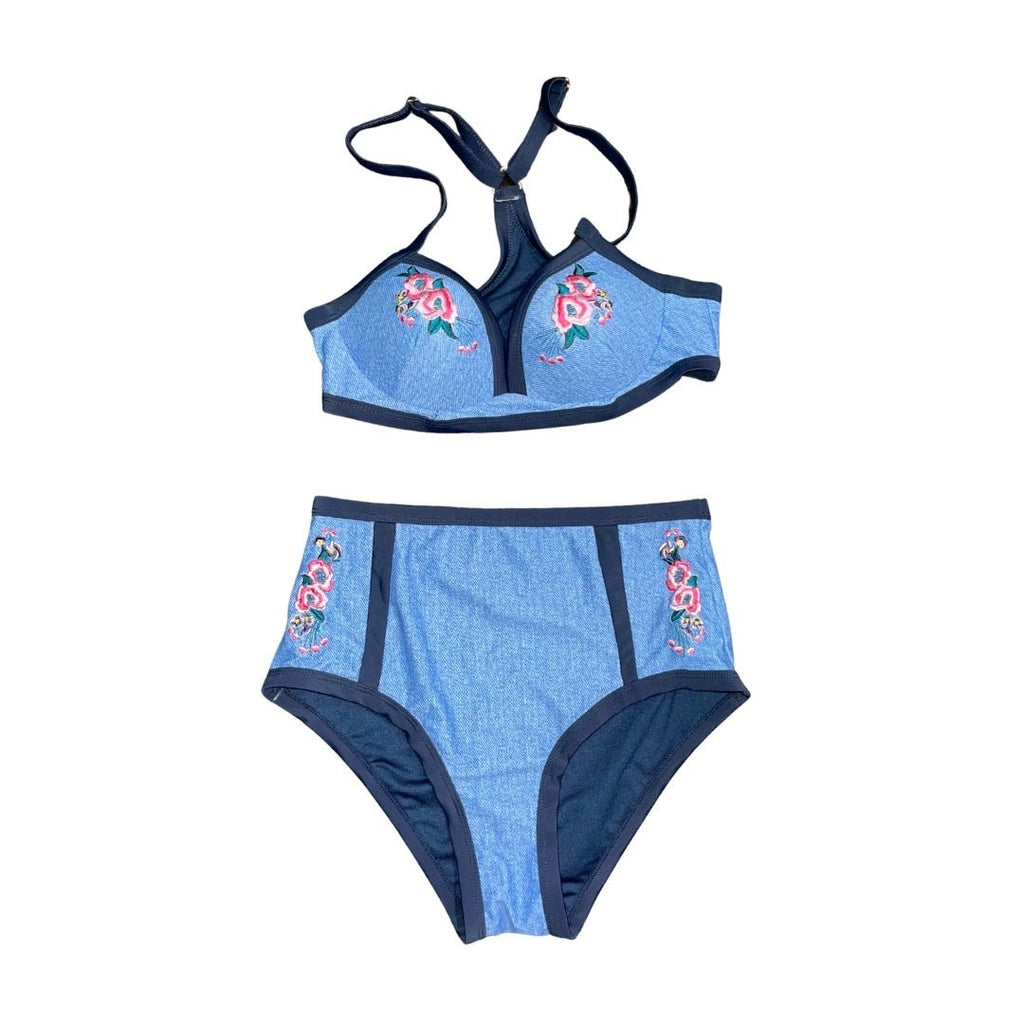 Marilyn Monroe Blue Embroidered Floral High Waisted Two Piece Swimsuit Bikini S