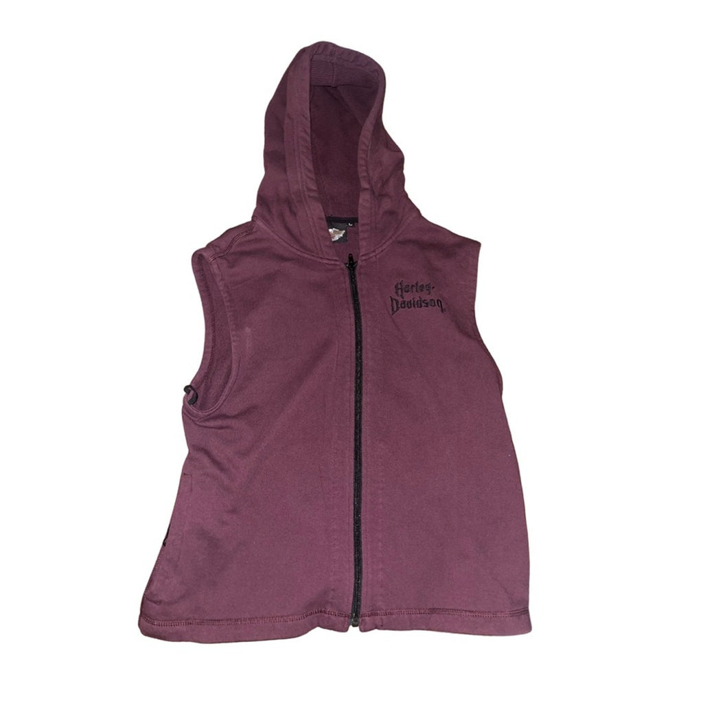 Harley Davidson Sleeveless Fleece Hooded Vest Full Zip Burgundy Size Large Biker