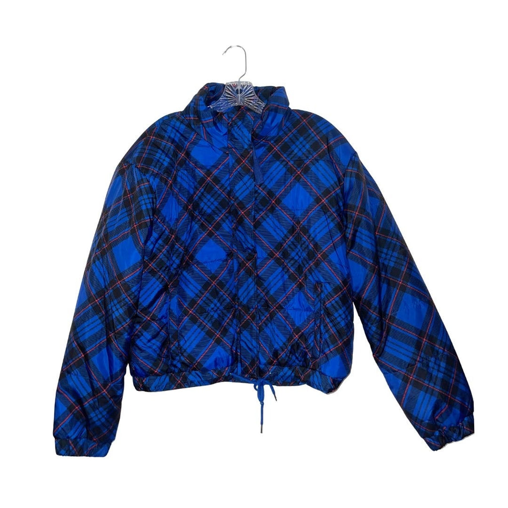 Ashley Outerwear Juniors Royal Blue Plaid Puffer Jacket Size XL Cropped