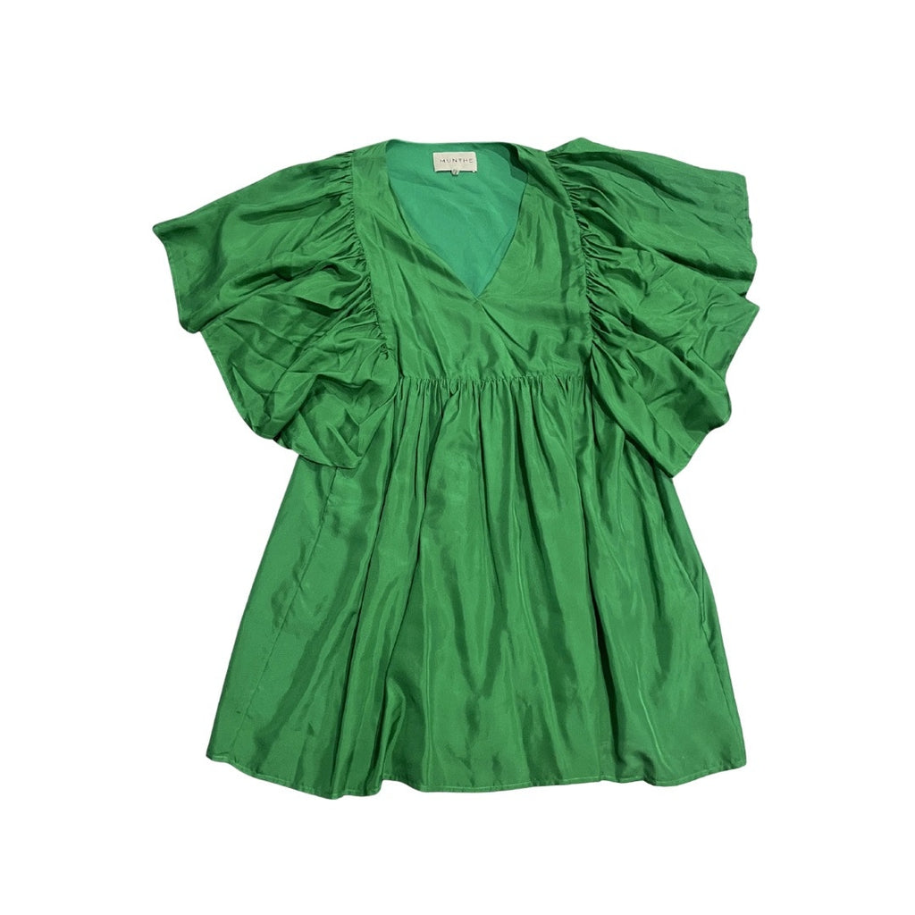 Munthe Distant Green Dress 100% Silk Short Size 36 (4) Bat Sleeves Flowy Artsy