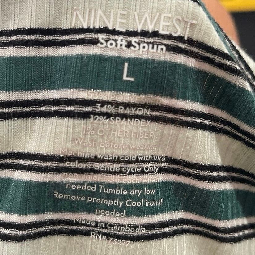 Nine West Soft Spun Striped Ribbed Elbow Sleeve Tee SZ L Casual Regular Fit 90s