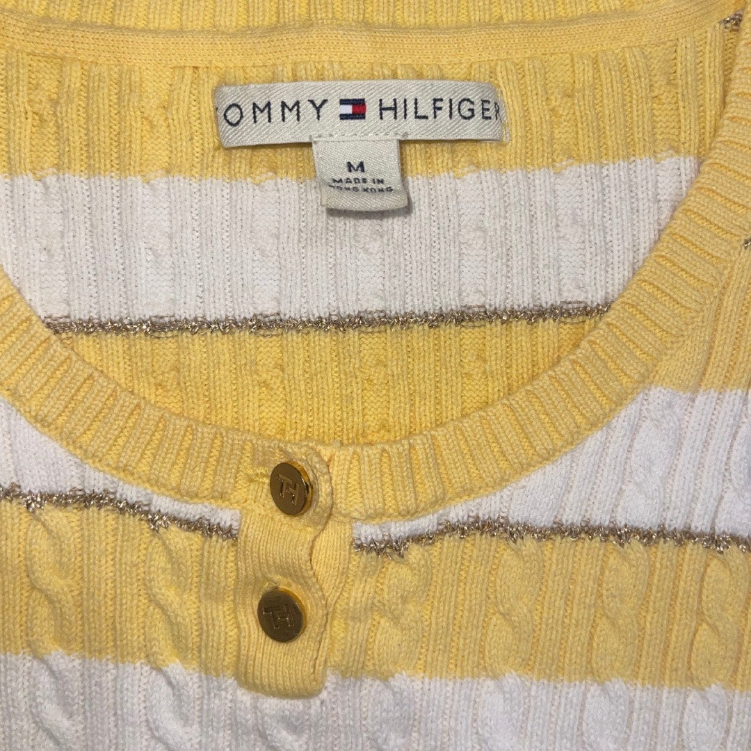Tommy Hilfiger White Yellow Striped Sweater Top Size Medium Preppy Casual Y2K