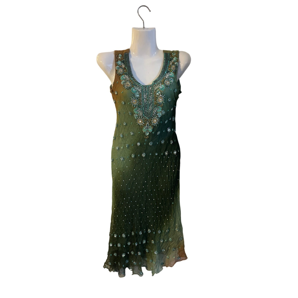 Y2K Green Hand Beaded Sequin Crinkle Silk Midi Dress VTG 90s Fairycore Art Deco