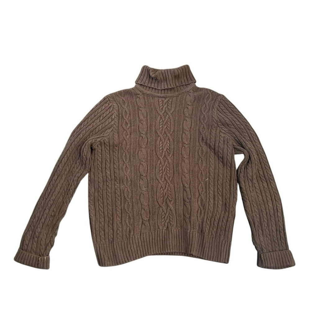 Jeanne Pierre Chunky Cable Knit Turtleneck Brown Sweater SZ L Cotton Fisherman