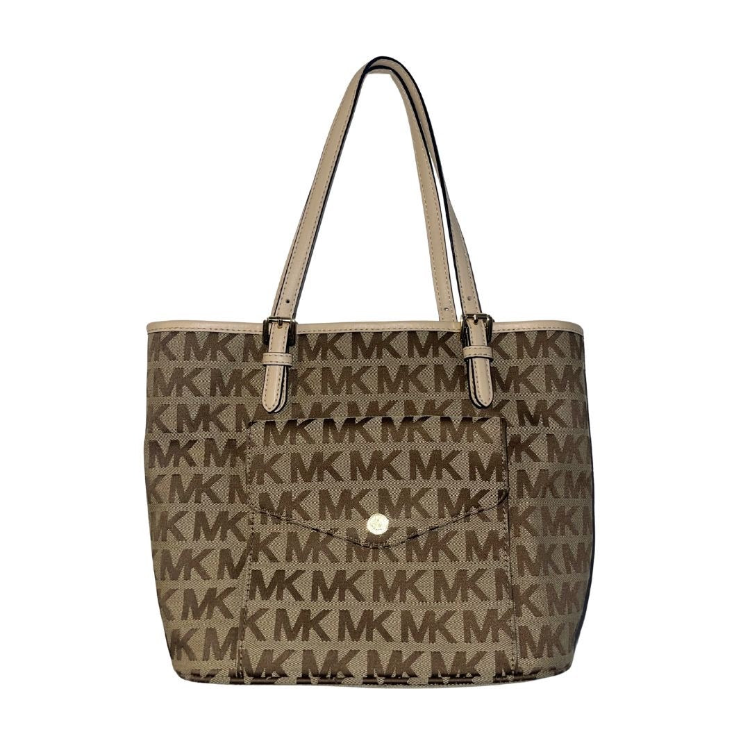Michael Michael Kors Jet Set Medium Logo Pocket Tote Bag Brown & Tan Handbag
