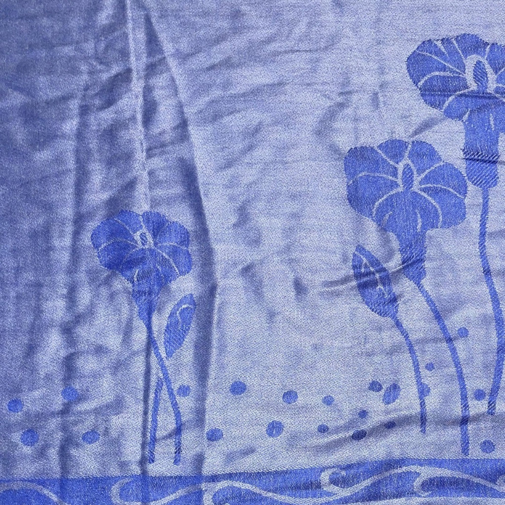 Women Shawl Scarf Stole Blue Floral Motifs Fringe Hem Bohemian Artsy