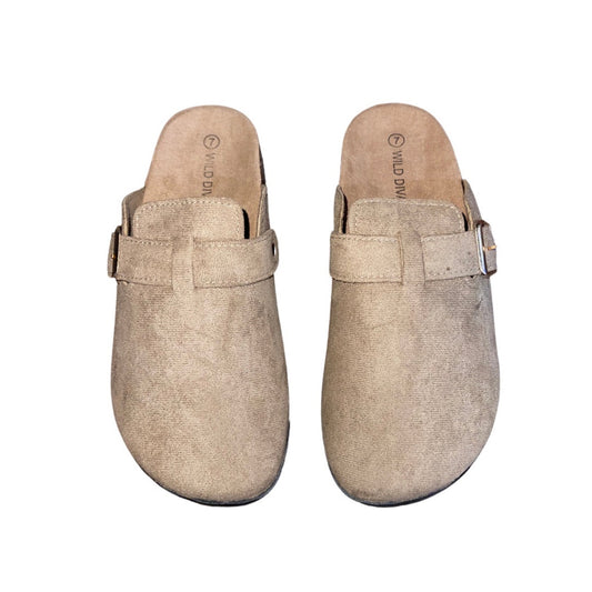 Wild Diva Slip on Mules Cork like Sole adjustable buckle faux suede NWT